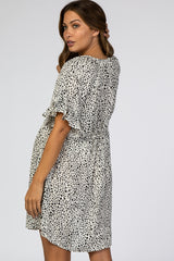 Cream Satin Dot Print Ruffle Sleeve Babydoll Maternity Dress