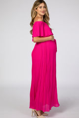 Fuchsia Off Shoulder Pleated Maternity Maxi Dress