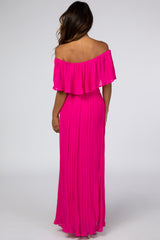 Fuchsia Off Shoulder Pleated Maxi Dress