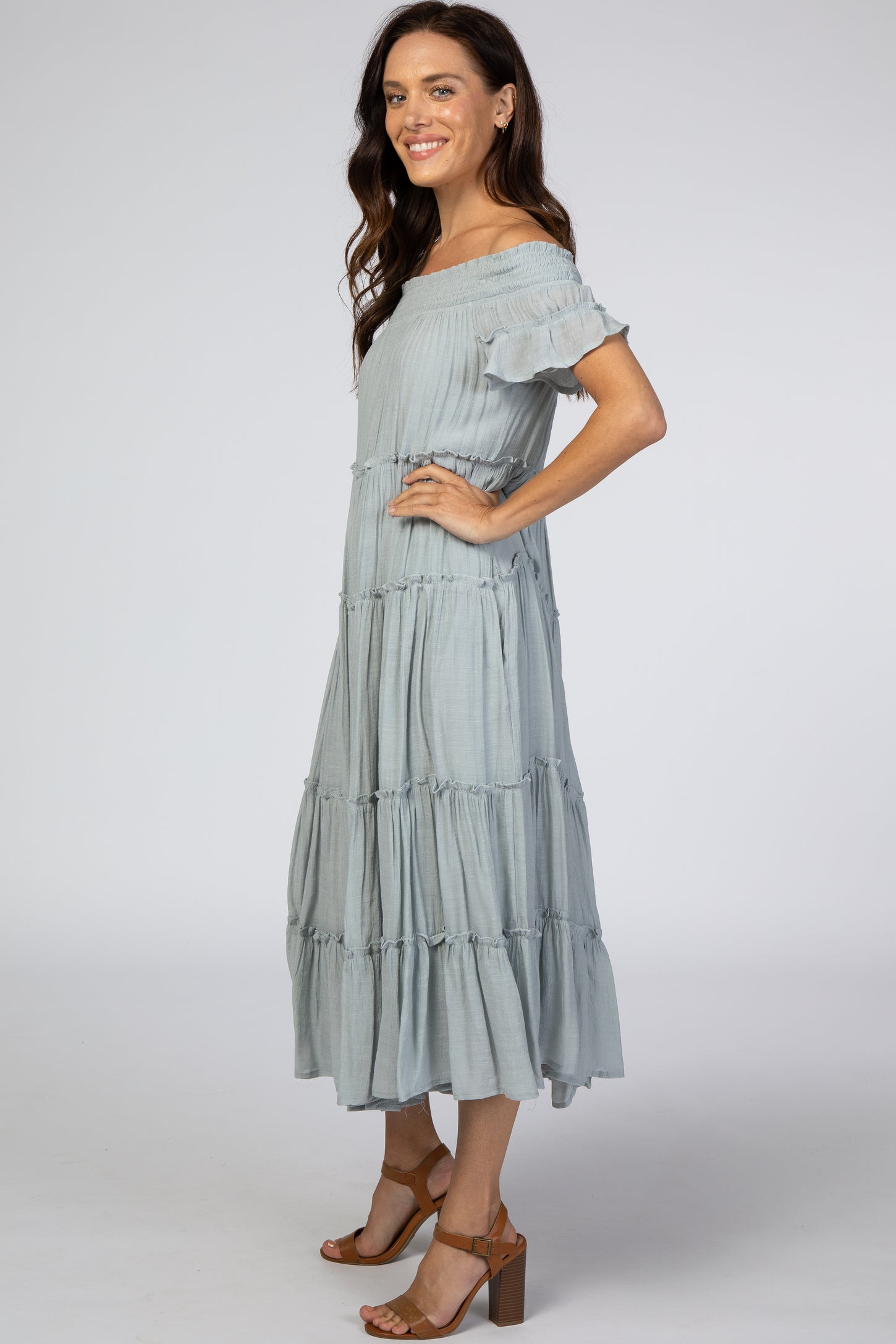 Blue Smocked Off Shoulder Ruffle Tiered Midi Dress