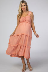 Coral Ruffle Tiered Maternity Midi Dress