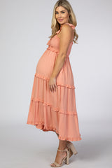 Coral Ruffle Tiered Maternity Midi Dress