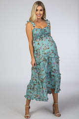 Blue Floral Ruffle Tiered Maternity Midi Dress