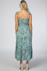 Blue Floral Ruffle Tiered Maternity Midi Dress
