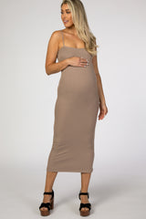 Taupe Square Neck Ribbed Fitted Maternity Midi Dress