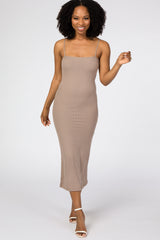 Taupe Square Neck Ribbed Fitted Maternity Midi Dress