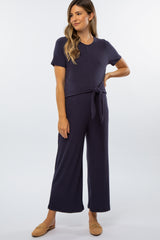 Navy Ribbed Knot Tie Cropped Maternity Jumpsuit