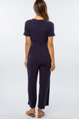 Navy Ribbed Knot Tie Cropped Maternity Jumpsuit