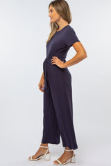 Navy Ribbed Knot Tie Cropped Jumpsuit