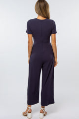 Navy Ribbed Knot Tie Cropped Jumpsuit