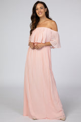 Light Pink Chiffon Pleated Off Shoulder Maternity Maxi Dress