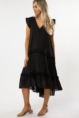 Black Lace Accent Tiered Maternity Hi-Lo Midi Dress