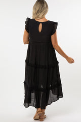 Black Lace Accent Tiered Maternity Hi-Lo Midi Dress