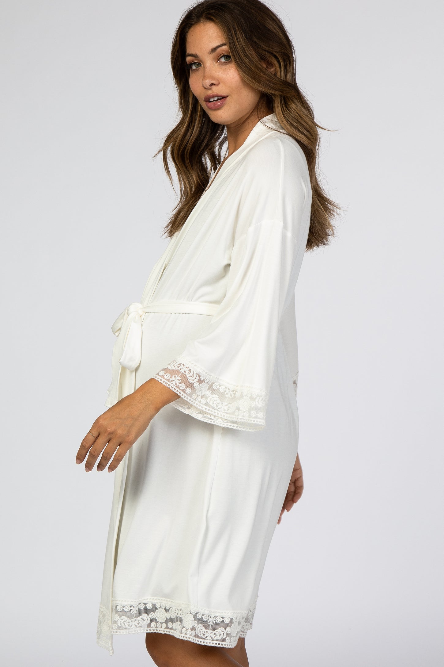 White Crochet Trim Maternity Delivery/Nursing Robe