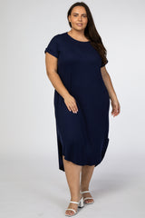 Navy Short Sleeve Maternity Plus Midi Dress