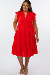 Red Ruffle Sleeve Tired Plus Dress