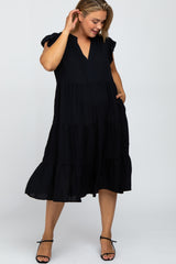 Black Ruffle Sleeve Tired Maternity Plus Dress