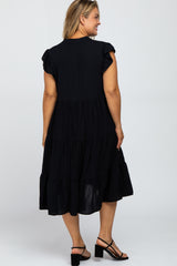 Black Ruffle Sleeve Tired Maternity Plus Dress