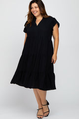 Black Ruffle Sleeve Tired Maternity Plus Dress