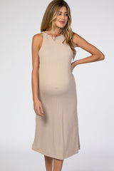 Beige Ribbed Side Slit Maternity Midi Dress