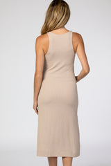 Beige Ribbed Side Slit Maternity Midi Dress