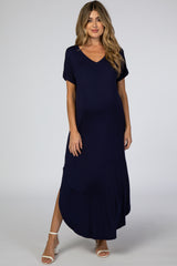 Navy Curved Hem Maternity Maxi Dress