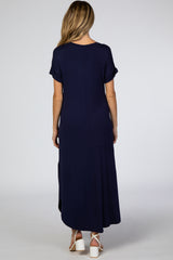 Navy Curved Hem Maternity Maxi Dress