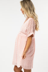 Light Pink V-Neck Swiss Dot Maternity Dress