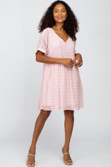 Light Pink V-Neck Swiss Dot Maternity Dress