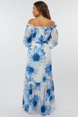 Blue Floral Off Shoulder Maternity Maxi Dress