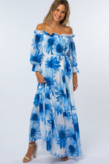 Blue Floral Off Shoulder Maternity Maxi Dress