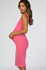 Pink Ribbed Square Neck Maternity Dress