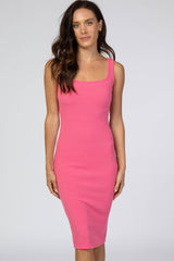Pink Ribbed Square Neck Dress