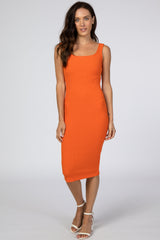 Orange Ribbed Square Neck Dress