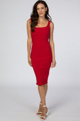Red Ribbed Square Neck Maternity Dress