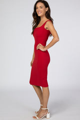 Red Ribbed Square Neck Dress