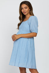 Light Blue Puff Sleeve Textured Maternity Dress