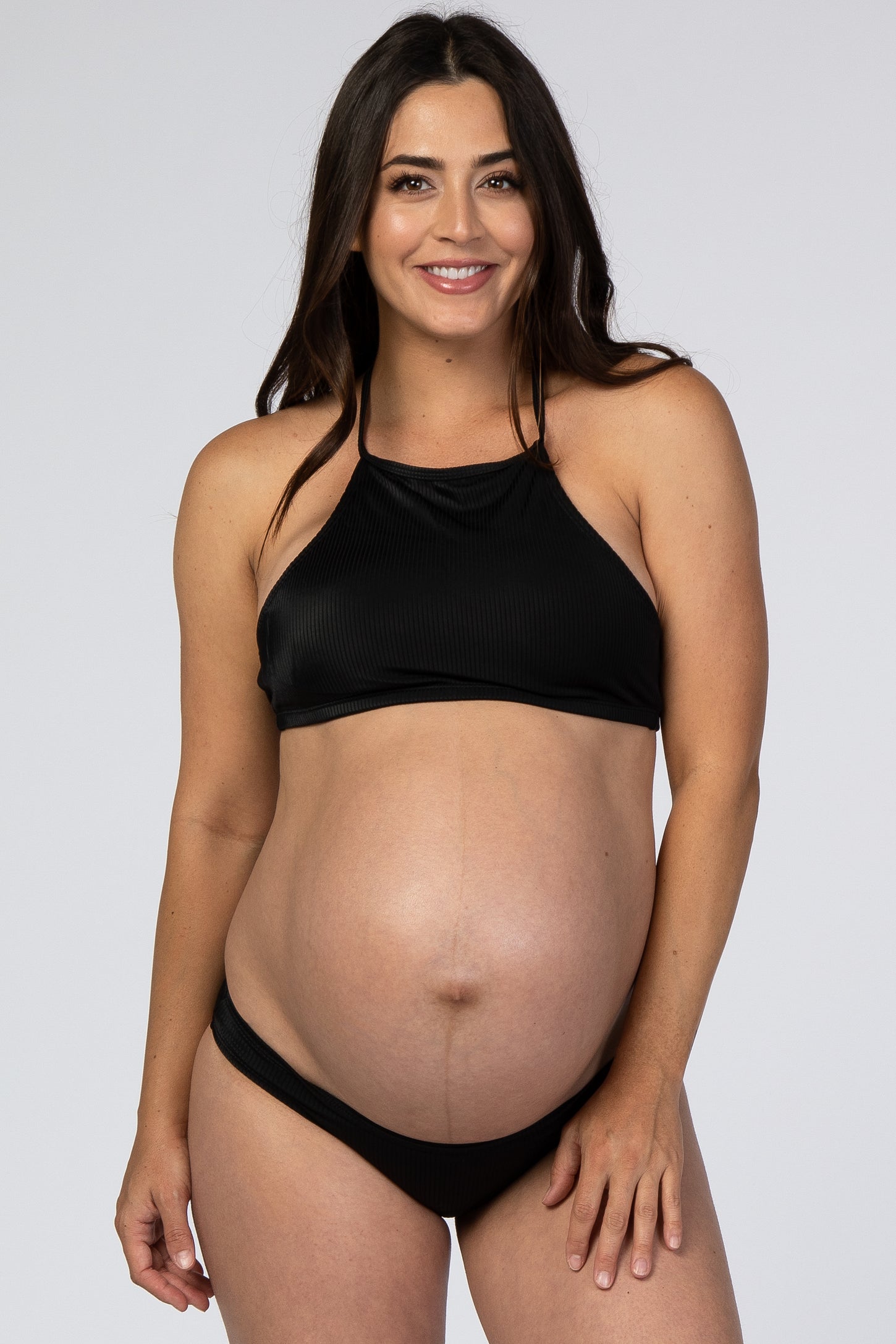 Black High Neck Ribbed Halter Maternity Bikini Set