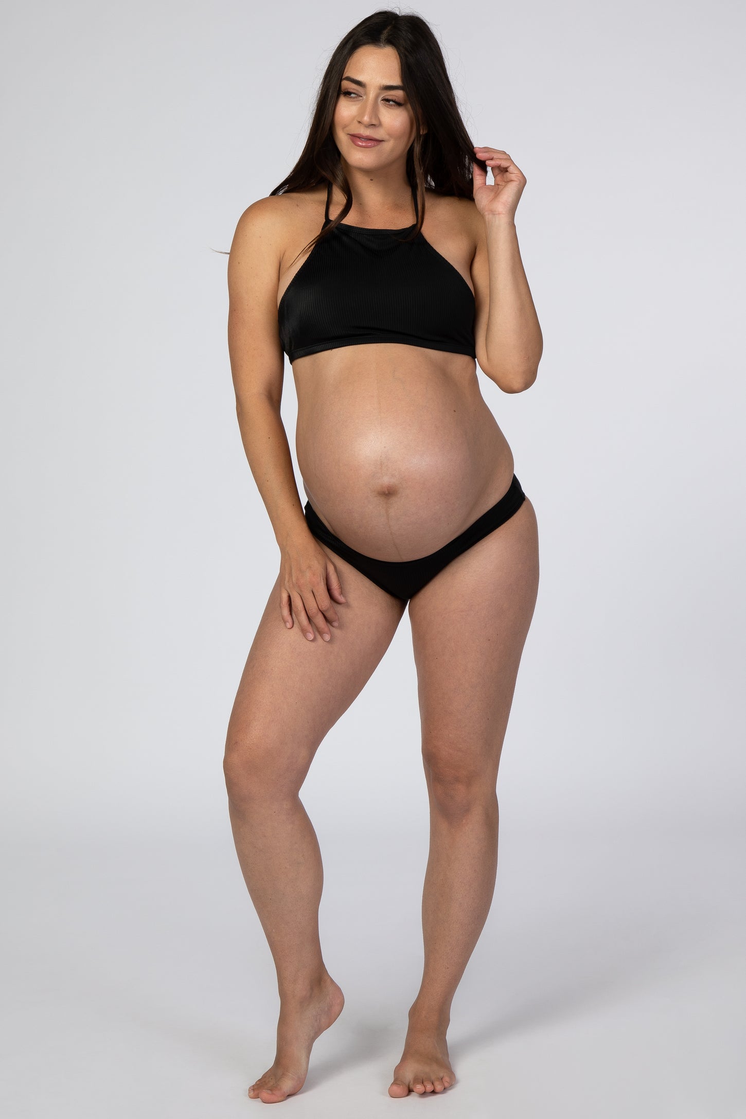 Black High Neck Ribbed Halter Maternity Bikini Set