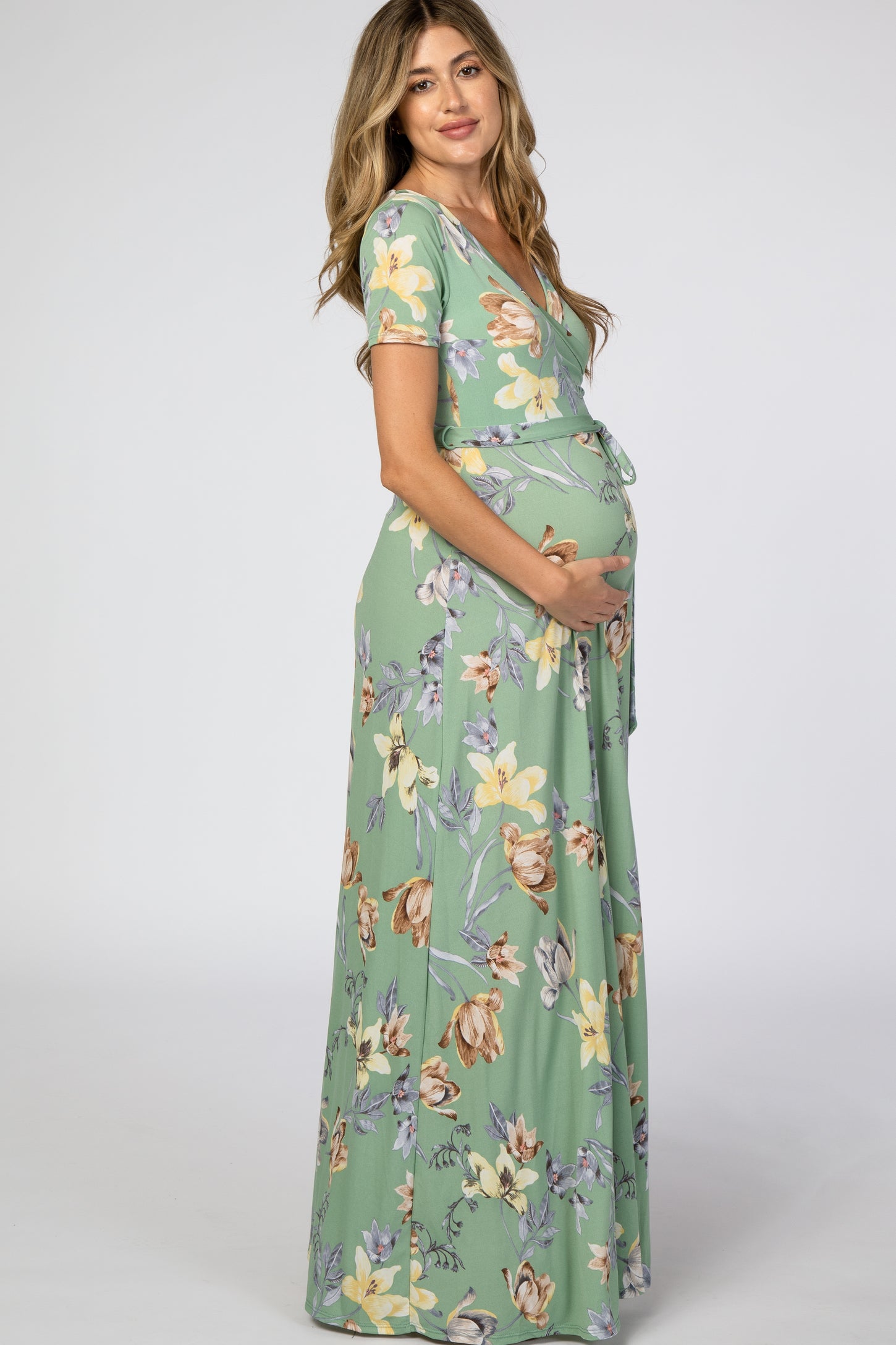 Light Olive Floral Maternity Wrap Dress
