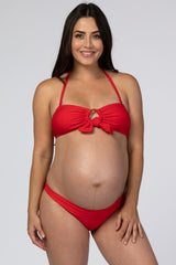Red Halter Front Tied Circle Cutout Bikini Maternity Set