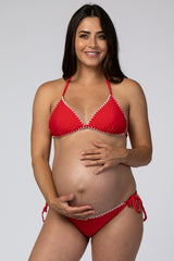Red Contrast Stitched Halter Tie Bikini Maternity Set