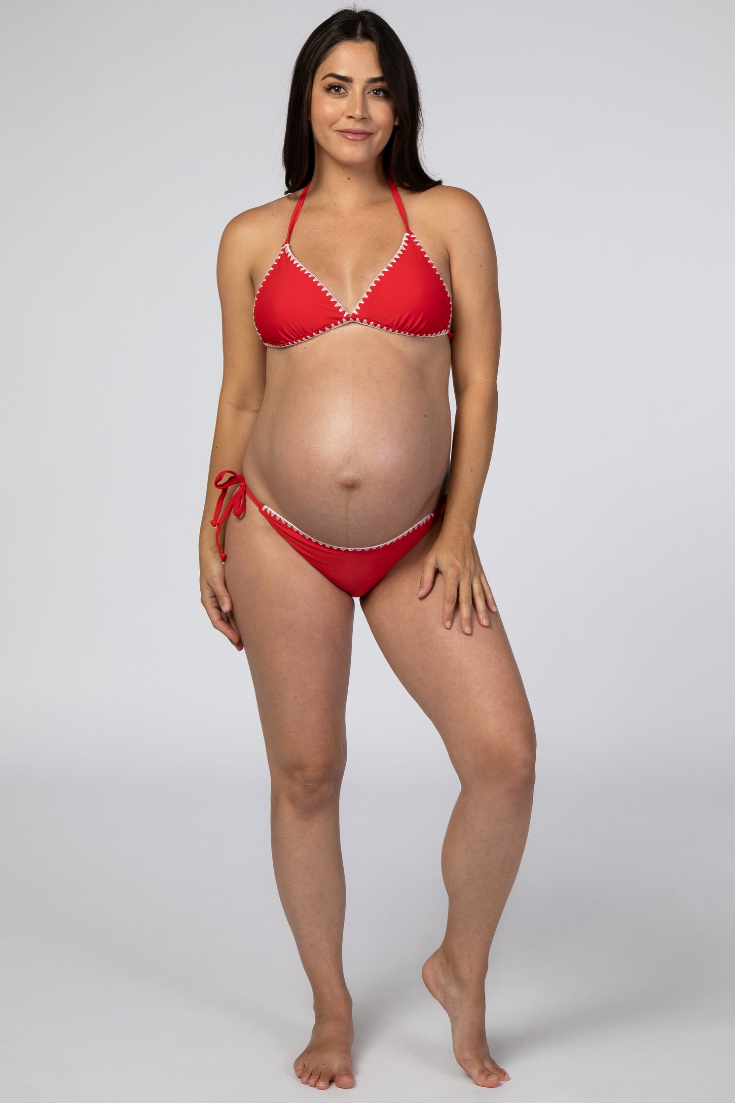 Red Contrast Stitched Halter Tie Bikini Maternity Set