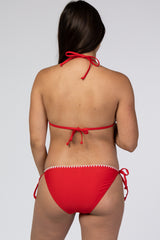 Red Contrast Stitched Halter Tie Bikini Maternity Set