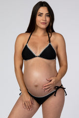Black Contrast Stitched Halter Tie Bikini Maternity Set