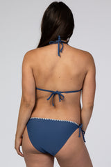 Blue Contrast Stitched Halter Tie Bikini Maternity Set