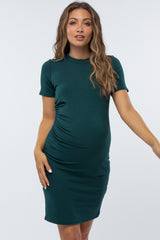 Forest Green Ribbed Ruched Side Fitted Short Sleeve Maternity Dress