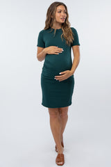 Forest Green Ribbed Ruched Side Fitted Short Sleeve Maternity Dress