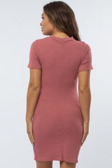 Mauve Ribbed Ruched Side Fitted Short Sleeve Maternity Dress