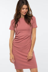 Mauve Ribbed Ruched Side Fitted Short Sleeve Maternity Dress